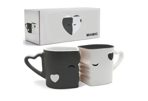 MiaMio Kaffeeservice MIAMIO - Küssende Tassen Geschenk Set - Thermobehälter aus Keramik, stilvolles 2-tlg Set in Grau, perfekt für romantische Kaffeemomente.