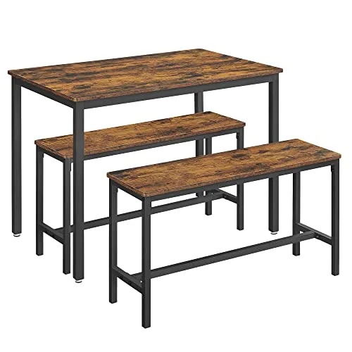 VASAGLE Esstisch Set mit 2 Bänken – Rustikales Industriedesign - Das 3-teilige VASAGLE Set umfasst einen stabilen Küchentisch und zwei Bänke im industriellen Stil. Platzsparend und robust, ideal für gemütliche Mahlzeiten in Küche oder Esszimmer.