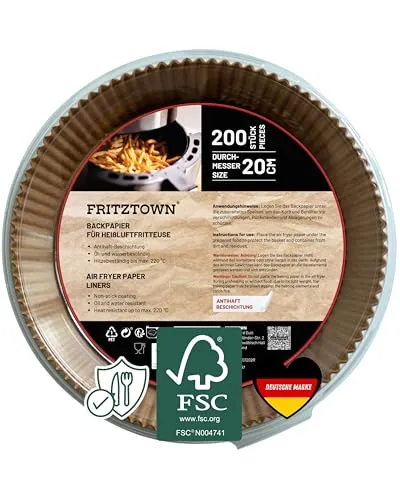 FRITZTOWN Backpapier für Heißluftfritteuse 4,5L-8L | 200 Blatt 20 cm Rund | Air Fryer Backpapier Pergamentpapier | Kompatibel mit Ninja COSORI Philips Cecotec Midea Russell XL XXL Airfryer