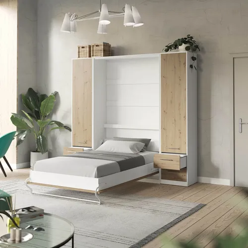 Wohnwand Set Schrankbett 140x200 Vertikal – Modernes Design in Weiß/Wildeiche - TV-Möbel & Schrankwände – Schrankbett mit 4 Schubladen für optimalen Stauraum, ideal für platzsparende Schlafzimmerlösungen.