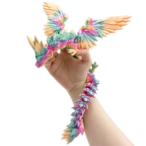 JoryHeim XXL 3D Drache mit Flügeln, 45cm Drachen Spielzeug, 3D Gedruckter Drache Deko, Realistischer Dragon für Kinder & Sammler, Regenbogen