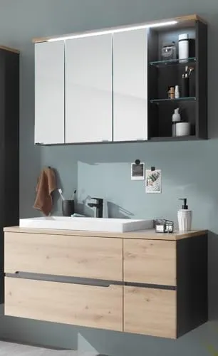 möbelando Badezimmer-Set >Memphis< 110x176x53 cm – Grau Artisan Eiche - 2-teiliges Badezimmer-Set mit Spiegelschrank und Waschbecken für praktische Badgestaltung. In modernem Grau und pflegeleichtem Material bietet es optimalen Stauraum und eine stilvolle Lösung für Ihr Bad.