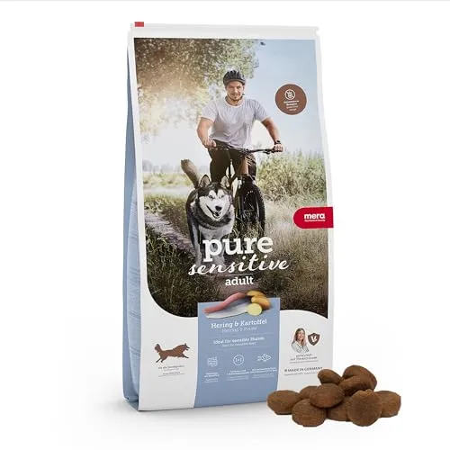 mera Pure Sensitive Fresh Meat Hering & Kartoffel - Getreidefreies Trockenfutter für sensible Hunde 12.5 kg - Hundefutter für sensible Hunde, mit 24% frischem Hering als einzige Proteinquelle und leicht verdaulichen Kartoffeln. Minimiert Nahrungsunverträglichkeiten und Allergien.
