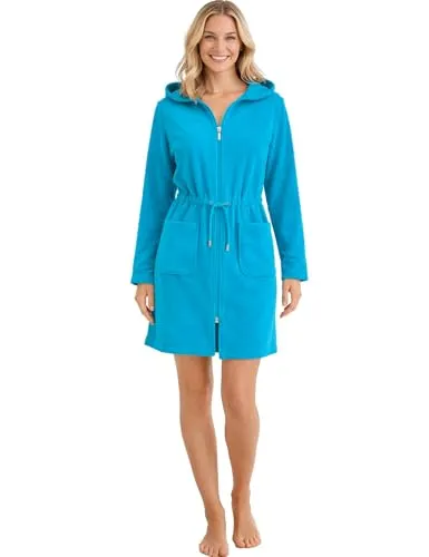 Morgenstern Damen Bademantel Emily Türkis mit Reißverschluss - Leichter Kurz-Bademantel aus Frottee, ideal für unterwegs. Mit zwei Taschen, Kordel zur Tailleneinstellung und schadstoffgeprüft. Perfekt für Wellness, Strand oder zu Hause!