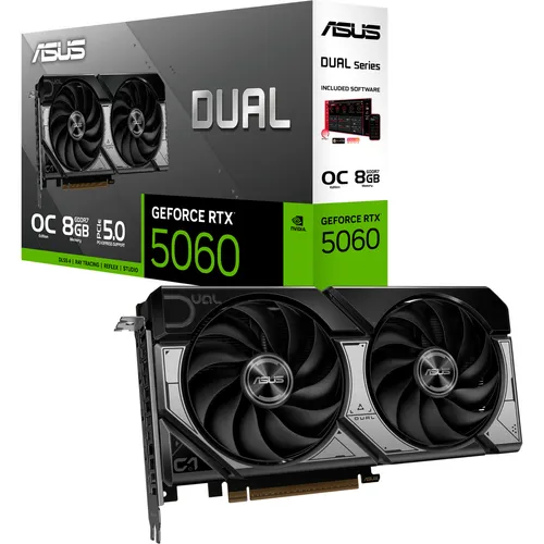 ASUS NVIDIA GeForce RTX 5060 DUAL OC - 8GB GDDR7 RAM - Grafikkarte für Gamer, Overclocked mit 3840 CUDA Kernen und NVIDIA DLSS 4, optimiert für leisen Betrieb dank ASUS DUAL Kühler mit Null U/min Modus.