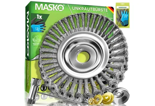 MASKO Ersatzbürste Unkrautbürste für Freischneider - Reinigungsbürsten für effektive Unkrautentfernung, Edelstahlbürste inkl. Montagezubehör-Set & Handschuhe, kompatibel mit Stihl für eine mühelose Gartenpflege.