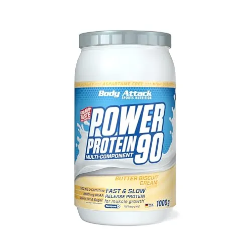 Body Attack Power Protein 90 - 1000g Butter Bisquit - Hochwertiges Eiweißpulver für Fitness-Enthusiasten. Ideal als Mahlzeitenersatz oder zur Unterstützung der Proteinzufuhr. Jetzt im leckeren Butter Bisquit Geschmack!