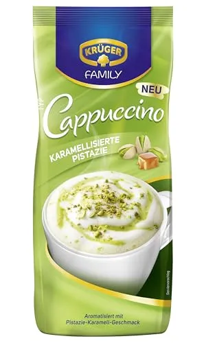 KRÜGER Family Cappuccino Pistazie, 500 g Beutel mit löslichem Bohnenkaffee - Cremiger Cappuccino mit feiner Pistazien-Note. Schnell und einfach zubereitet, ideal für Zuhause oder unterwegs. Genießen Sie die Vielfalt der KRÜGER Cappuccino-Sorten!