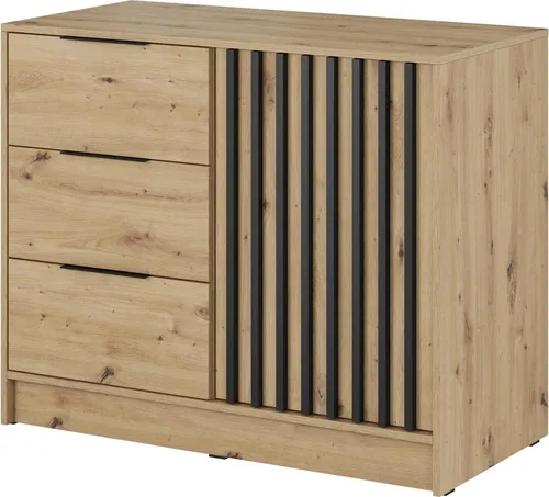 Kommode Stilo Eiche Artisan – Modernes Sideboard mit Lamellen - Elegante Kommode in Eiche Artisan mit 1 Tür und 3 Schubladen. Ideal für Wohnzimmer oder Flur, bietet sie viel Stauraum und setzt durch ihr modernes Design stilvolle Akzente.