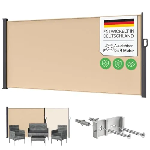 STEELSØN Seitenmarkise Zirella – Beige, 200x400 cm, ausziehbarer Wind- und Sichtschutz - Praktische Seitenmarkise für Balkon und Terrasse. Individuell einstellbare Länge, windbeständig bis Stärke 5. Robuste Konstruktion mit hochwertigem Aluminium und UV-Schutz für angenehme Stunden im Freien.
