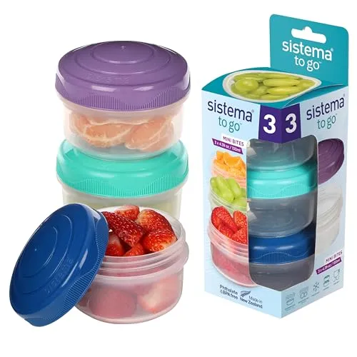 Sistema Mini Bites To Go 3er Set - 130ml - Praktisches 3er Set mit 130 ml Behältern in modernen Farben. Ideal für Dressings, Snacks oder Kleinigkeiten. Mit auslaufsicheren Schraubdeckeln, perfekt für unterwegs oder zu Hause. Spülmaschinenfest und gefriergeeignet.