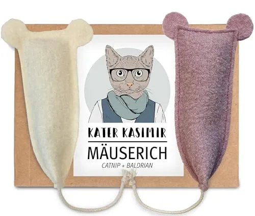 Kater Kasimir 2 handgenähte Spielmäuse für Katzen mit Katzenminze- und Baldrian-Füllung | In Deutschland von Hand und mit Liebe aus reinem Wollfilz hergestellt