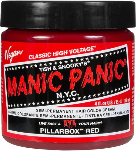 Manic Panic High Voltage Classic Pillarbox Red 118 ml Haarfarbe - Entdecke die leuchtende Haarfarbe Pillarbox Red von Manic Panic. Diese semi-permanente Farbe ist vegan, tierversuchsfrei und sorgt für ein brillantes Farbergebnis ohne Entwickler. Ideal für kreative Farbexperimente!