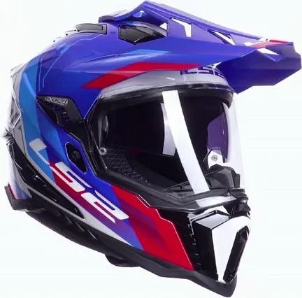 LS2 Endurohelm MX701 Explorer Hexa Weiß Blau Rot XXL - Hochwertiger LS2 Endurohelm MX701 mit geringem Gewicht von nur 1450 g, abnehmbarem Visier und herausnehmbaren, waschbaren Polstern für maximalen Komfort und Hygiene. Ideal für Motorradfahrer, die Sicherheit und Stil schätzen.