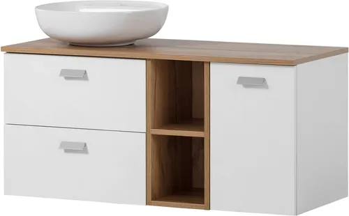 Waschtisch SCHILDMEYER "Mona" - Mattweiß & Eichelandhausfarben - Waschbeckenunterschrank mit Aufsatzbecken, FSC-zertifiziertem Holzwerkstoff und Soft-Close-Funktion für leises Schließen der Schubladen.