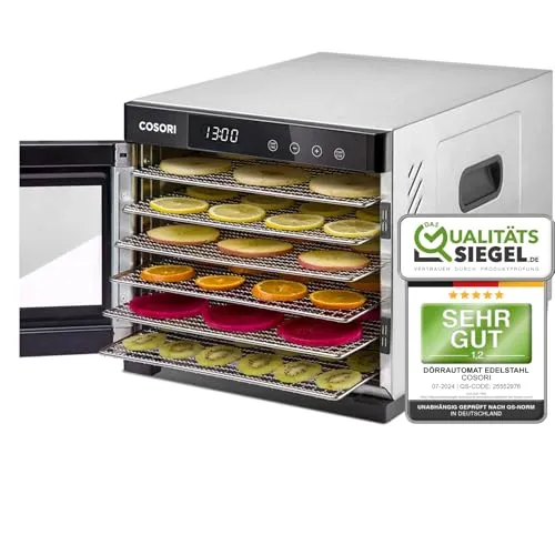 COSORI Dörrautomat Edelstahl - Dörrautomaten aus lebensmitteltauglichem Edelstahl mit 6 Dörrtabletts, 48 Std. Zeitschaltuhr und LED-Display für gesunde Snacks ohne Plastik.