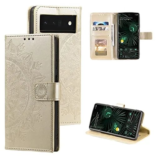 CoverKingz Handy Case kompatibel mit Google Pixel 7 - Handy Cover mit Kartenfach Phonecase - Smartphone Hülle klappbar Motiv Mandala Gold