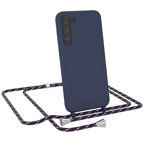 EAZY CASE - Hülle mit Kette - kompatibel mit Samsung Galaxy S23 Plus Schutzhülle Kordel zum Umhängen,Umhängen Necklace, TPU Silikon Case, Blau mit Band Navy Camouflage Verschluss Silber