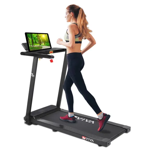 Asviva Laufband T21, Kompaktes 2-in-1 Laufband mit Bluetooth - Laufband für Home Office und Fitness, klappbar auf nur 14,5 cm Höhe, mit App-Konnektivität und leistungsstarkem 2,5 PS Motor für effektives Training.