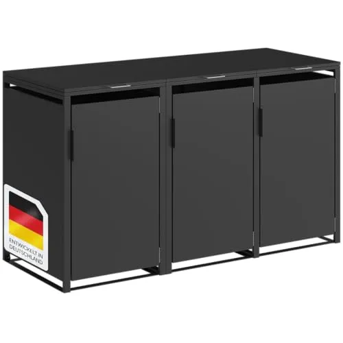 STEELSØN Mülltonnenbox Thoria 240L - Graphitschwarz, 3 Türen - Mülltonnenboxen mit elegantem Design, bietet Platz für 3 Tonnen und schützt vor Witterungseinflüssen. Aus hochwertigem, pulverbeschichtetem Stahl mit Soft-Close-Funktion für leises Öffnen.