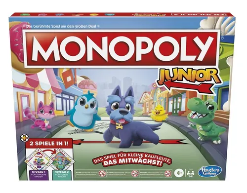 Hasbro Monopoly Junior 2 Games in 1 F8562100 - Gesellschaftsspiel mit zwei spannenden Spielvarianten für Kinder, fördert strategisches Denken und macht Spaß für die ganze Familie!