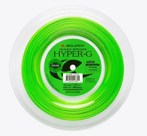 Solinco Hyper G Round Tennissaite 1.15mm - grün, 200m Rolle - Leistungsstarke Tennissaite aus Co-Polyester mit klassischem runden Querschnitt. Bietet hervorragende Kontrolle und Beschleunigung für ein optimales Spielgefühl. Ideal für vielseitige Einsätze im Tennis.