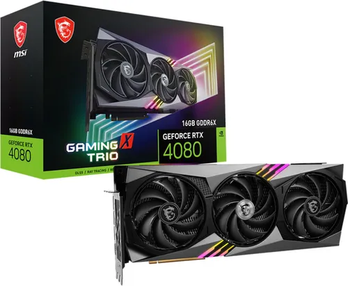 MSI GAMING GeForce RTX 4080 16GB X TRIO - Leistungsstarke Grafikkarte in Weiß - Grafikkarten für Gamer mit 16GB GDDR6X, NVIDIA Ampere Architektur und TRI FROZR 2 Kühlung für beeindruckende Leistung und VR-Erlebnisse.
