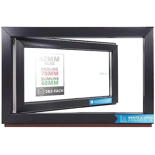 Kellerfenster Kunststofffenster anthrazit, BxH: 75 x 55 cm / 750 x 550 mm Verglasung (32 mm) Dreh-Kipp inkl. Pilzkopfverriegelung, DIN Links (Griff Rechts), 70 mm Profil