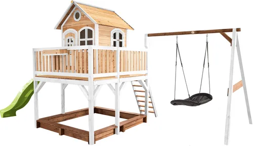 Axi Liam Spielhaus mit Roxy Nestschaukel - Braun-Weiß - Spieltürme & Spielanlagen, vielseitiges Holzspielhaus mit Sandkasten, Rutsche und schwenkbarer Nestschaukel für endlosen Spielspaß im Garten!