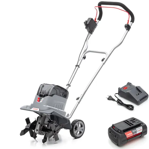 IKRA 36V Akku Bodenhacke Motorhacke IB-TC 36 - Motorhacken für die Saatbeetvorbereitung mit zwei Arbeitsbreiten (19-30 cm) und bürstenlosem Motor für längere Laufzeit. Inkl. 36V Akku und Ladegerät, ideal für kabellose Gartenarbeit.