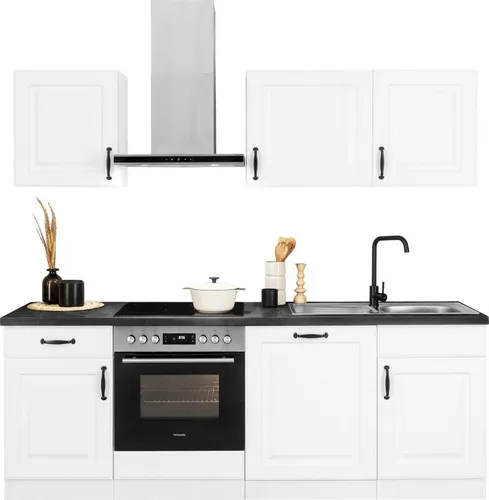wiho Küchen Küchenzeile Erla mit Hanseatic-E-Geräten - Küchenzeile 220 cm breit, inklusive hochwertiger Hanseatic-E-Geräte und schneller Lieferzeit. Ideal für moderne Küchen mit eleganter weißer Front und robuster Granitarbeitsplatte.