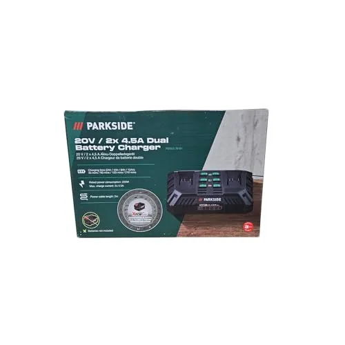 PARKSIDE X20V Doppel-Schnellladegerät 20 A1 - Ladegerät für Elektrowerkzeuge, lädt 2 Akkus gleichzeitig, automatische Abschaltung und dreistufige Anzeige. Ideal für die Wandmontage und kompatibel mit PARKSIDE X20V Team Akkus.