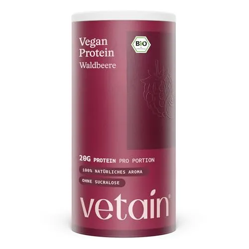 VETAIN Veganes Proteinpulver Waldbeere - 20g Protein pro Portion - Veganes Proteinpulver mit 66% Proteingehalt, angereichert mit Bio-Johannisbeerpulver und natürlichen Beerenaromen. Ideal für cremige Shakes oder proteinreiche Rezepte. 100% pflanzlich, glutenfrei und ohne künstliche Zusätze.