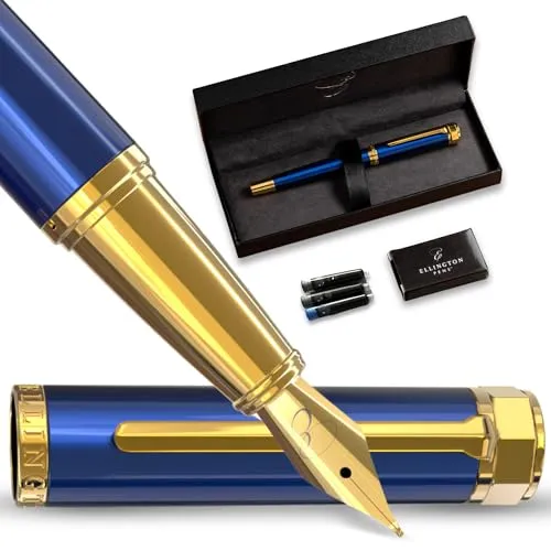 Ellington Pens Luxus Füllfederhalter Set - Füllfederhalter zum Schreiben - Glatte Feine Feder - Inklusive nachfüllbarem Tintenkonverter, 3 Tintenpatronen [Schwarz & Blau], Geschenkbox - Elegante