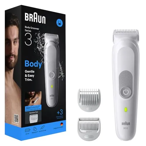Braun BG3530 Series 3 Körpertrimmer - Grau - Vielseitiger Körpertrimmer für alle Körperzonen mit SkinGuard-Technologie, die Hautirritationen minimiert. Ideal für präzises Trimmen mit 80 Minuten Akkulaufzeit und wasserdichtem Design.