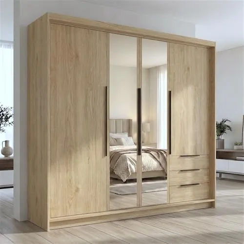A&J MöbelLand VIVO Kleiderschrank 4-türig mit Spiegel und Schubladen – 200 x 215 cm - Praktischer Drehtürenschrank mit integrierter Spiegelfront, ideal für Schlafzimmer oder Ankleidezimmer. Bietet durchdachte Innenaufteilung mit Kleiderstange, Einlegeböden und 3 Schubladen für optimale Organisation.