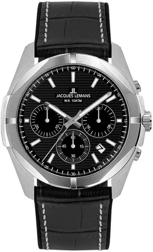 Jacques Lemans Chronograph Monte Carlo 1-2180A - Elegante Herrenuhr mit Quarz-Antrieb, Datum und wasserfest bis 10 bar. Das schwarze Lederarmband und das silberfarbene Edelstahlgehäuse machen sie zum perfekten Begleiter für festliche Anlässe.