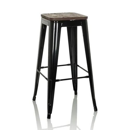 hjh OFFICE VANTAGGIO HIGH Barhocker drehbar im Industry-Design - Stapelbarer Barhocker mit 360° drehbarer Holz-Sitzfläche aus Ulmenholz für optimalen Komfort; ideal für Zuhause und Gastronomie, robustes Stahlgestell und Bodengleiter schonen den Boden.