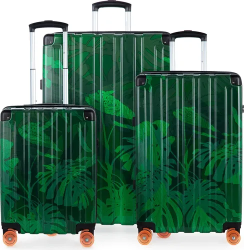 HAUPTSTADTKOFFER Q-Damm Kofferset 3-teilig - Jungle Edition - Praktisches 3-teiliges Gepäck-Set mit robusten Hartschalen und 4 Rollen. Ideal für jede Reisedauer, inklusive Handgepäck und erweiterbare Trolleys für flexibles Packvolumen.