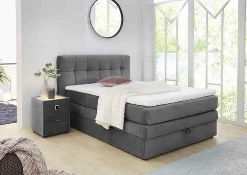 Jockenhöfer Gruppe Boxspringbett Amy - Betten mit Bettkasten und Kaltschaum-Topper, ideal für optimalen Schlafkomfort und Stauraum. Erhältlich in 140 & 180 cm Breite, stilvolle graue Samtoptik.
