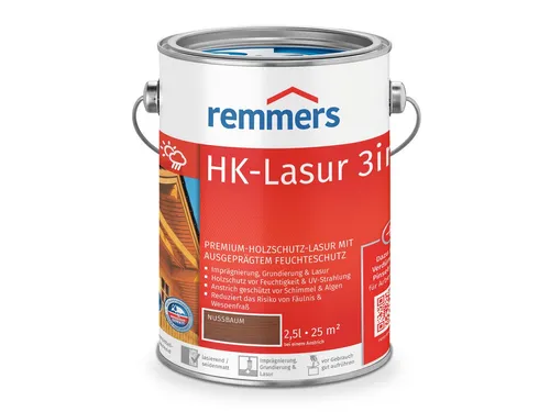 Remmers Holzschutzlasur HK-Lasur 3in1 ebenholz 2,5 Liter - Holzlasuren für optimalen Schutz und ansprechende Optik, mit 3in1 Funktion für Imprägnierung, Schutz und Farbgebung in nussbaum (RC-660). Ideal für langlebige Holzoberflächen.