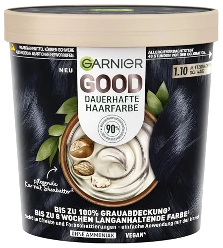Garnier GOOD Dauerhafte Haarfarbe 1.10 Mitternachts-Schwarz – Coloration ohne Ammoniak, bis zu 100% Grauabdeckung, 1 Stk.