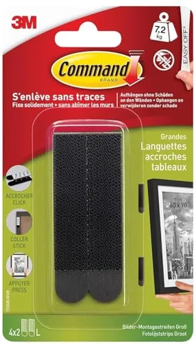 Command Klebestreifen, Schwarz, 4 x 2 Große L (8 Streifen) - Für Schweres Gewicht - Bilder aufhängen ohne Bohren, Streifen halten bis zu 7,2 kg, rückstandsfreies Ablösen
