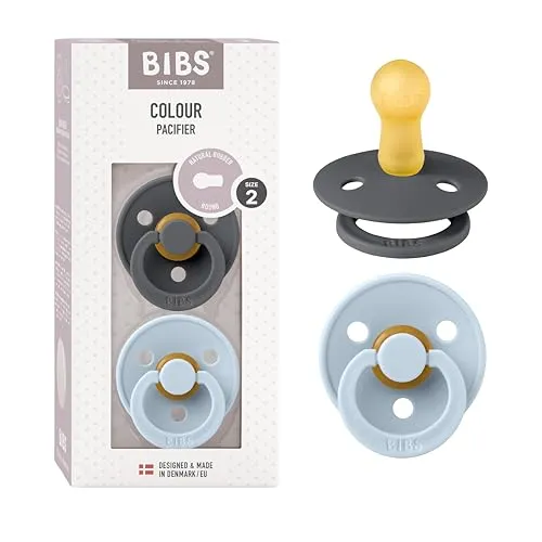 BIBS Colour Schnuller 2er-Pack, BPA-frei, Kirschform Nippel. Naturkautschuk/Latex, Hergestellt in Dänemark. Größe 2 | 6+ Monate | 2-Pack, Iron/Baby Blue