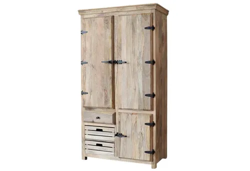 baario Kleiderschrank STONE - Vintage Garderobenschrank aus massivem Mangoholz - Drohnen - Rustikaler Kleiderschrank mit 3 Schubladen, fertig montiert und aus hochwertigem Mangoholz, ideal für ein gemütliches Wohnambiente.