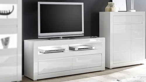 TV-Board Carat in Weiß Hochglanz - Modernes Lowboard für das Wohnzimmer, 150 cm breit, ideal für einen stilvollen Fernseher und bietet ausreichend Stauraum.