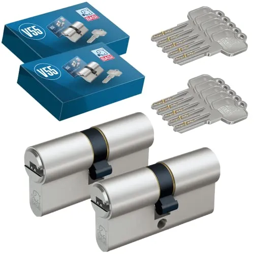 BASI Schließzylinder 2er SET V55 - Gleichschließend, 45/45 mm - Praktisches 2er Set Doppelzylinder mit Not- und Gefahrenfunktion. Ideal für den sicheren Einsatz in Türen. Inklusive 10 Schlüssel für maximale Flexibilität.
