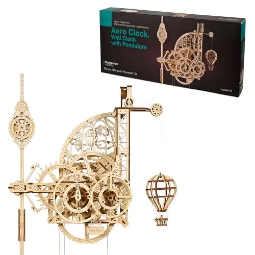 UGEARS Aero Clock 3D-Puzzle - Vintage Holzmodellbausatz für Erwachsene, faszinierendes DIY-Wanduhr mit Pendel und Miniatur-Heißluftballon