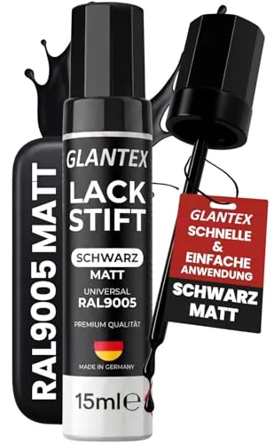 GLANTEX Lackstift Schwarz Matt [15ml] – Hochdeckender Autolack für präzise Reparaturen - Hochpigmentierter Lackstift für Kratzer und Steinschläge. Ideal für matte Lackflächen von Autos und Felgen. Schnelle Trocknung und einfache Anwendung für ein professionelles Finish.