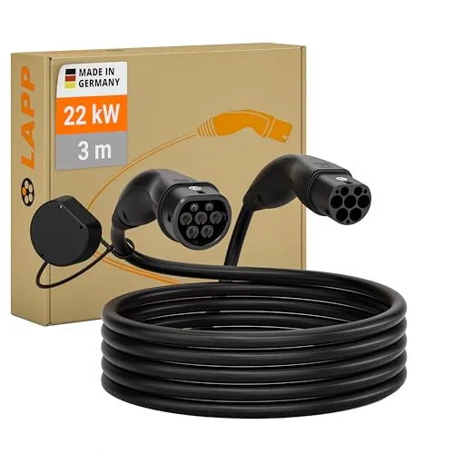 LAPP Type 2 Charging Cable 3m - 22 kW - Fahrzeugbatterie-Ladegeräte für Hybrid- und Elektroautos, 32 A, 3 Phasen, ideal für einfaches Laden zu Hause oder unterwegs.